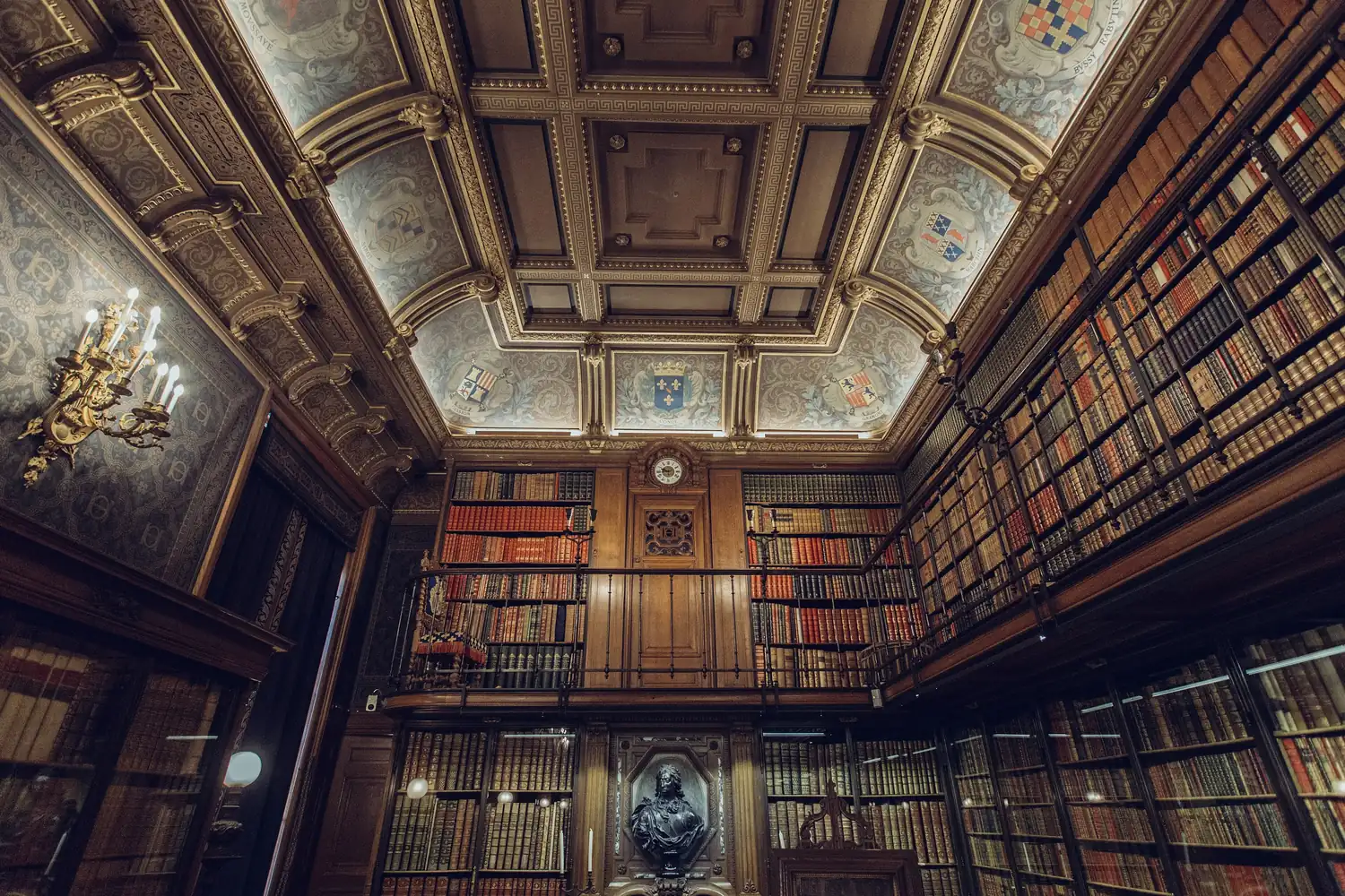 Grande bibliothèque ancienne aux rayonnages chargés de livres
