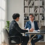 Entretien entre deux cadres à un bureau lumineux, accompagnement de carrière