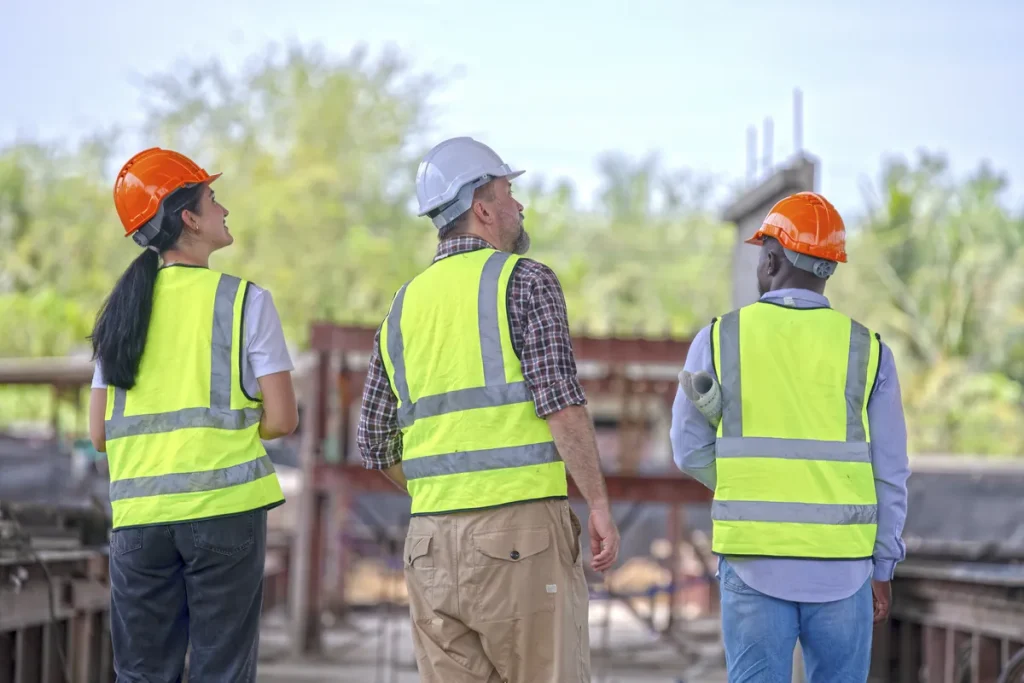 Ouvriers en casque et gilet de sécurité sur un chantier du BTP