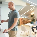 Salarié préparant un café dans l'espace pause d'une entreprise