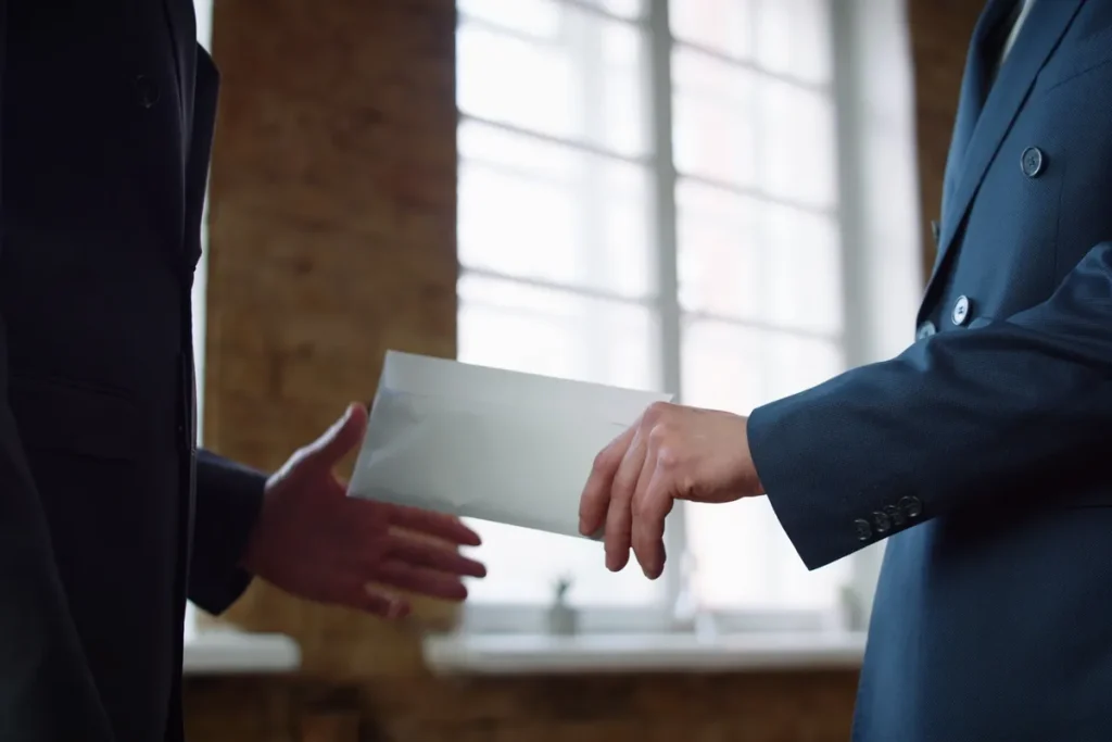 Remise d'une enveloppe entre deux hommes en costume, comme une lettre de licenciement pour faute grave