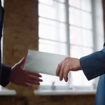 Remise d'une enveloppe entre deux hommes en costume, comme une lettre de licenciement pour faute grave