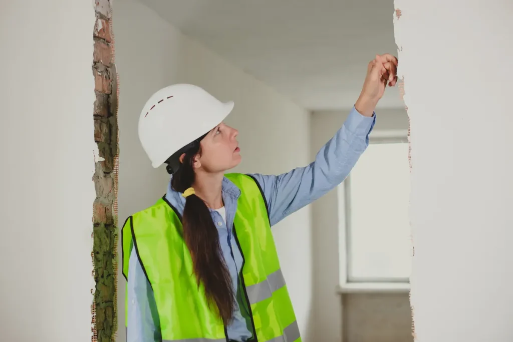 Artisan inspectant un mur abîmé lors de travaux, recherche d'un vice caché