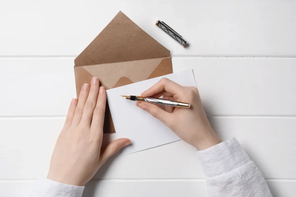 Mains rédigeant une lettre de résiliation au stylo