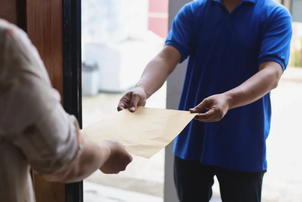 Homme remettant une enveloppe en main propre, comme une lettre recommandée